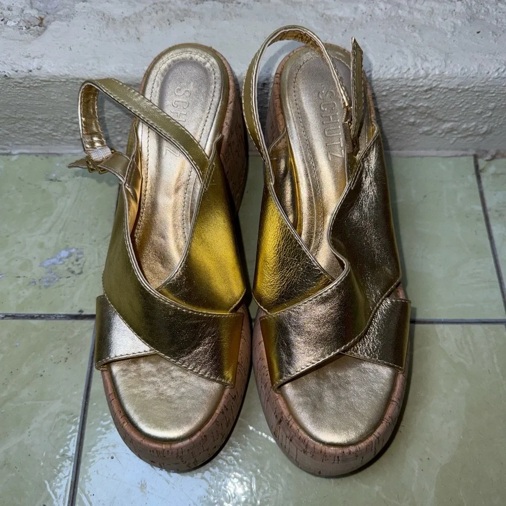 Schutz‎ Gold Platform Sandals Cork Block Heel Disco Glam Boho- 7.5